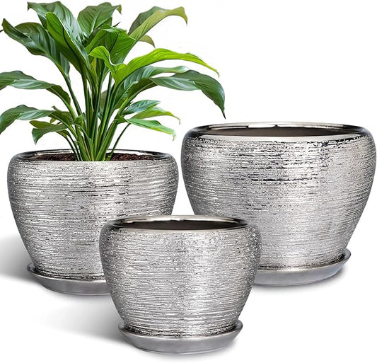 Ceramic Planters - 10 Inch 8 Inch 6 Inch Plant Pots Indoor with Drainage Holes and Saucer Mid-Century Large Planters Outdoor Flower Pots for Home Decor Set of 3 Silver