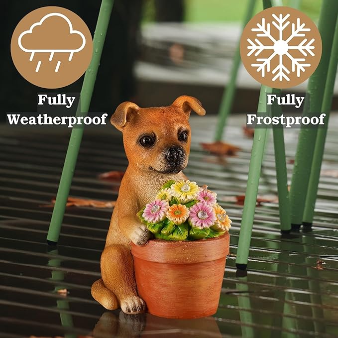 Muldale Solar Dog Statues Outdoor - Solar Powered Outdoor Dog Garden Statue - Hand Painted Floral Plant Pot Light Up
