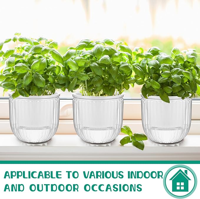 Meanplan 4 Pcs Self Watering Hanging Planter Indoor 6.5 Inch Hanging Baskets for Plants Outdoor Plastic Flower Pot with 3 Hooks Chains Drainage Holes for Garden Home, Medium Size(Clear)