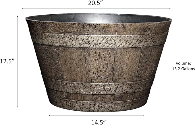 Classic Home and Garden Whiskey Plastic Resin Flower Pot Barrel Planter, Oak Brown, 20.5"
