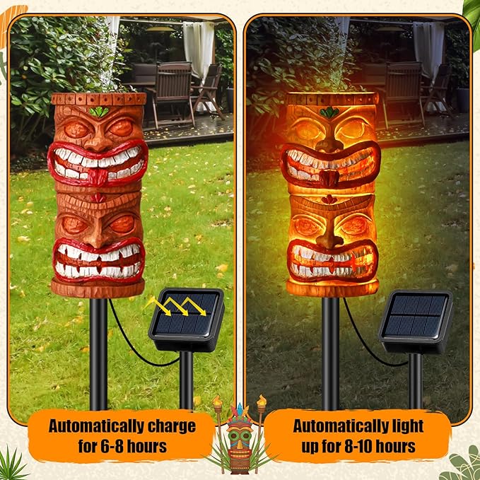 VIHOSE 5 Pcs Tiki Solar Light Decor Tiki Bar Statues Solar Power Light Stake Outdoor Hawaiian LED Decor for Luau Birthday Party Tropical Bar Garden Yard