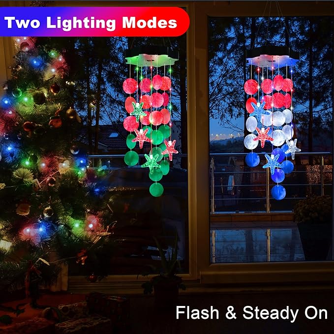 Solar Wind Chimes for Outside, Red & Green Shell Gifts for Mom Grandma Women, Waterproof Solar Outdoor Decorative Mobile Lights for Garden, Yard, Patio, Window, Party, Outdoor Decorations