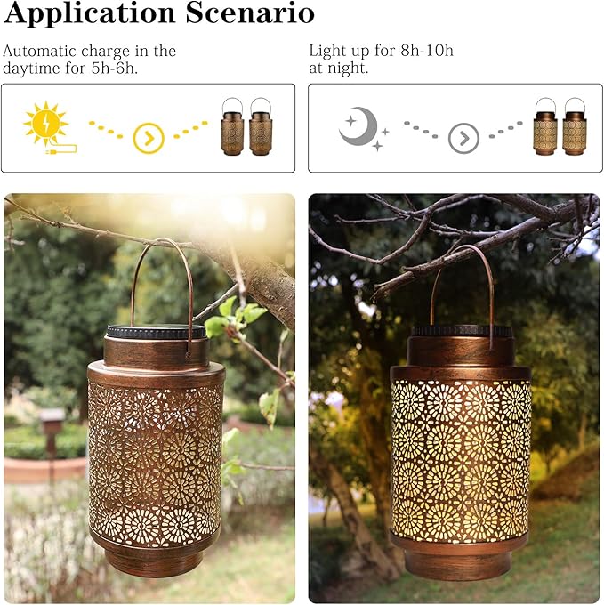 2 Pack Solar Lanterns Outdoor Waterproof, Hanging Led Lantern Garden Decorative, Metal Decorative Garden Lights, Solar Outdoor Lights Decor for Table Patio Garden Yard Pathway, Bronze, T00012