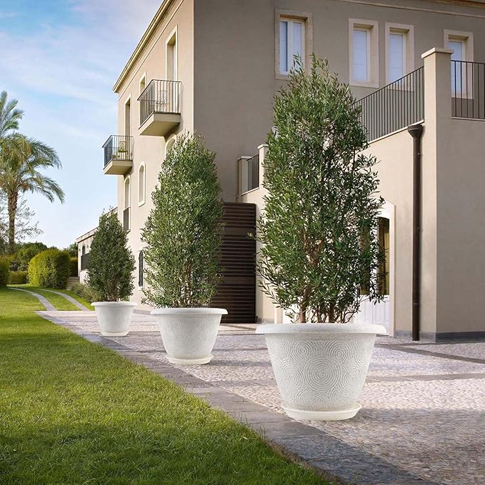 Plastic Flower Pots Planters for Indoor Plants, 4 Pack 16 Inch White Plant Pots with Drainage Hole & Tray, Modern Decorative Large Plant Pot with Saucer for Indoor Outdoor Plants Garden House Planter