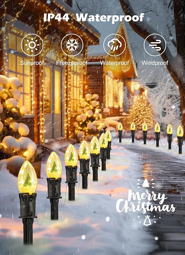 C9 Christmas Pathway Lights Outdoor, 25Ft 20 LED Christmas String Lights with Stakes, 3 Light Modes, Waterproof Connectable Christmas Decorations for Outside Lawn Yard Sidewalk Driveway, Warm White