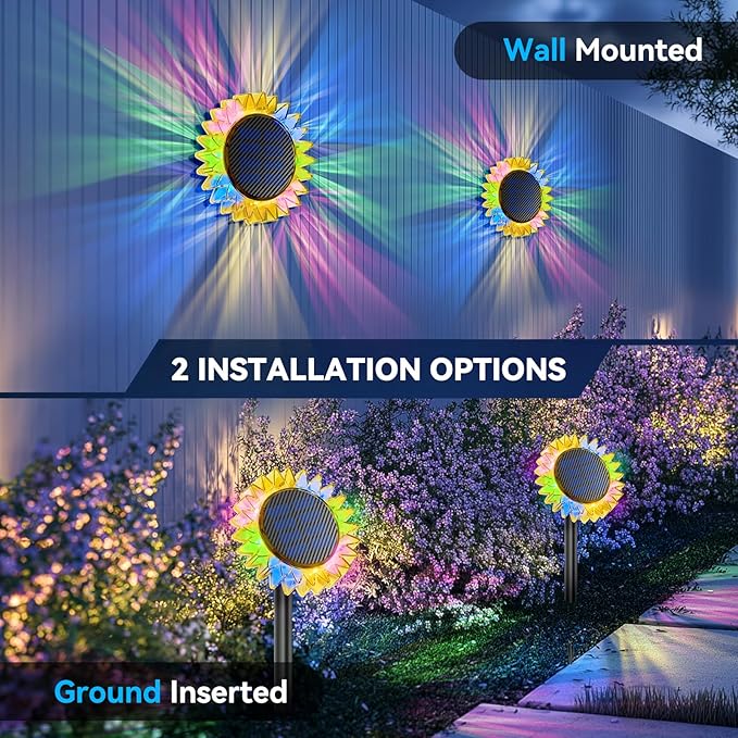 Solar Garden Lights - Upgraded Solar Sunflower Light, Ground/Wall 2 In 1, Solar Outdoor Lights Waterproof IP67,Garden Yard Patio Backyard Pathway Landscape Fence Wall Decoration, Multicolor(6 Pack)