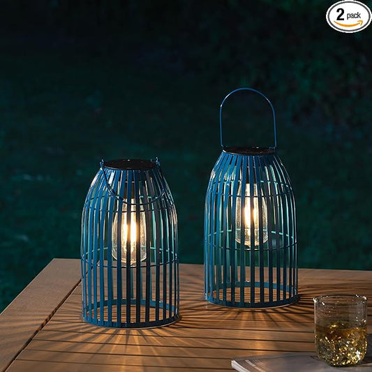 Set of 2 Solar Lantern Outdoor Waterproof Hanging Metal Birdcage Shaped Lantern Decorative Solar Light for Garden Yard Patio Porch, Blue