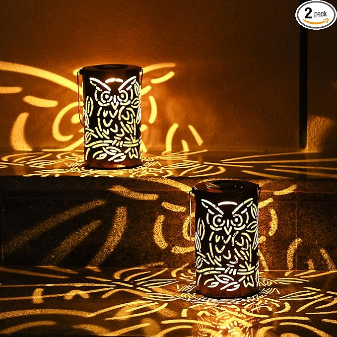 Outdoor Solar Lanterns ,Owls Projection Patterned Outdoor Lanterns with Handles LED Solar Light Outdoor Waterproof Garden Lights for Garden，Yard, Table, Pathway(2 /Bronze)