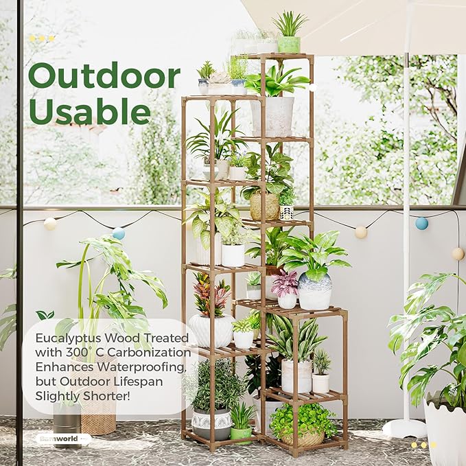Bamworld 72" Tall Plant Shelf Indoor Outdoor Corner Plant Stand Large Plant Table Wood Plant Holder for 10 Pots Multiple Plants Patio Balcony Garden Office Home Decor