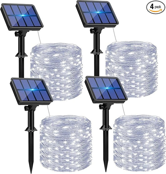 4 Pack Solar String Lights Outdoor - 320LED 132FT Solar Fairy Lights Outside Waterproof with 8 Modes, Copper Wire Twinkle Solar Outdoor Lights for Garden Yard Tree Christmas Wedding Decor, Cool White