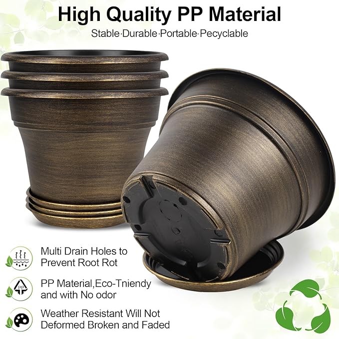 16 inch Plant Pots Outdoor Planters，4 Pack Large Plastic Flower Pot for Indoor Plants with Drainage Holes & Saucer, Resin Decorative Container Sets with Trays for House Outdoor Garden Plant Dark Gold