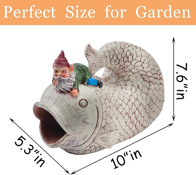 Gnome Fish Sculpture - Eco-Friendly Resin Gutter Diverter Rain, Outdoor Decor Sculpture, Garden Animal Statue, Gutter Downspout Splash Block, Decorative Extension, Ideal for 3"x4" Downspouts