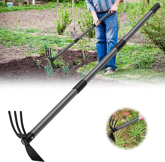 Hoe and Cultivator - 45” Long Handle - Heavy Duty Garden Hoe Tiller, Standing Hoe Garden Tools Durable Cultivator Hoe Hand Rake Fork for Gardening Weeding Planting Loosening Soil