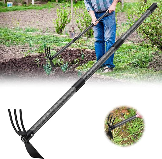 Hoe and Cultivator - 45” Long Handle - Heavy Duty Garden Hoe Tiller, Standing Hoe Garden Tools Durable Cultivator Hoe Hand Rake Fork for Gardening Weeding Planting Loosening Soil