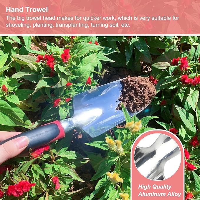 Garden Tool Set, 3PCS Heavy Duty Aluminum Gardening Tools with Soft Non-Slip Ergonomic Handle, Including Hand Trowel, Transplant Trowel and Cultivator Hand Rake for Planting, Digging, Weeding