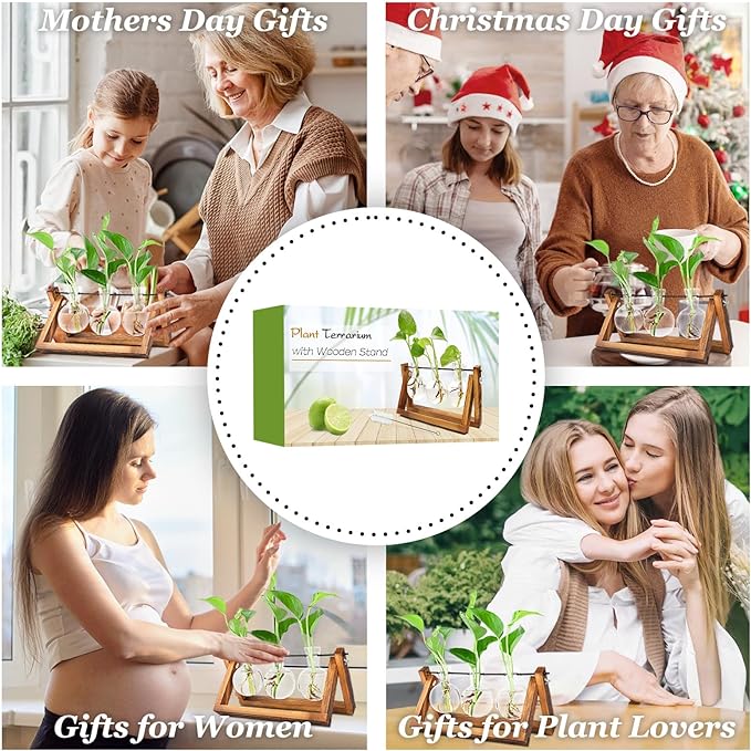 Plant Propagation Station, Plant Terrarium with Wooden Stand, Unique Gardening Birthday Gifts for Women Plant Lovers, Home Office Garden Decor Planter - 3 Bulb Glass Vases