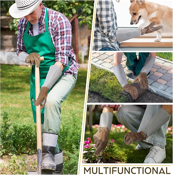 HANDLANDY Pruning Gloves Long for Men & Women, Pigskin Leather Rose Gardening Gloves- Breathable & Durability Gauntlet Gloves (Grey-brown, Small (Pack of 1))