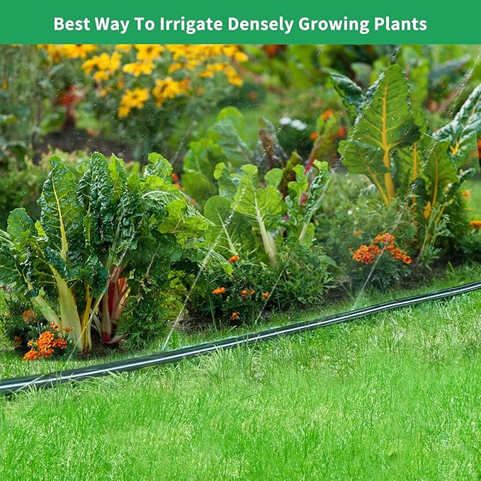 50 FT Flat Sprinkler Hose for Lawn Watering Garden Soaker Hose with Holes, Heavy Duty Lightweight No-Kink Water Hose with Stakes, Irrigation Hose, Great Fun for Kids and Dog