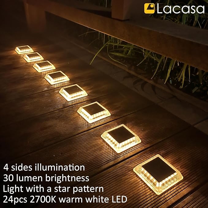 Lacasa Solar Deck Lights, 8 Pack 30LM LED Dock Lights Warm White 2700K, Outdoor Solar Powered Step Lights Light up All Night IP68 Waterproof Auto ON/Off for Garden Stairs Driveway Pathway Lighting