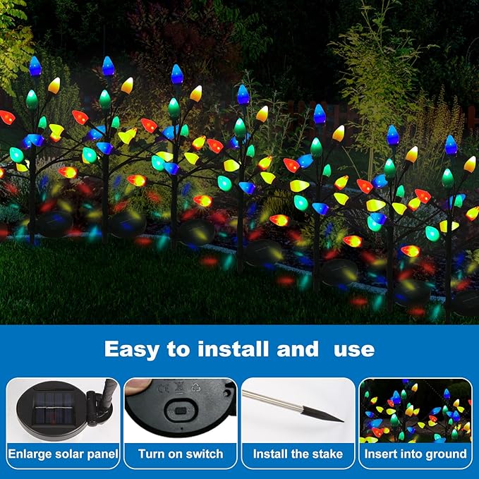 C7 Solar Christmas Pathway Lights - 2 Pack with 24 LED Strawberry Multicolor Lights, 8 Modes - Outdoor Waterproof Christmas Decorations for Garden, Yard, Pathway
