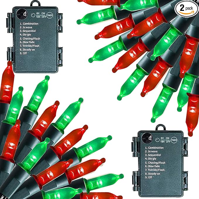 Dazzle Bright Battery Operated Christmas Lights, 2 Pack Total 32FT 100LED Clear Mini String Lights Waterproof with 8 Modes for Xmas Indoor Outdoor Yard Holiday Wedding Decorations (Red and Green)