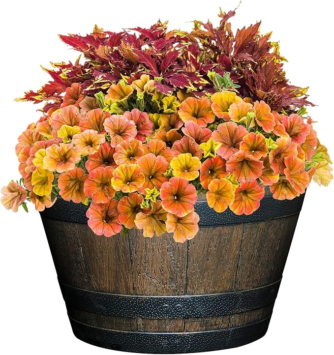 Classic Home and Garden Whiskey Plastic Resin Flower Pot Barrel Planter, Walnut Brown, 20.5"