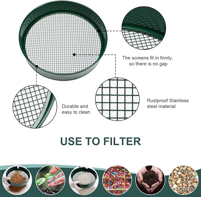 Garden Sieve, Soil Sieve with Interchangeable Mesh Sizes 3,6,9,12mm, Garden Riddle, Perfect Gardening Tool for Sifting Soil, Stones, and Compost