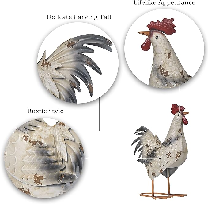 TERESA'S Collections Farmhouse Metal Rooster Garden Statues Decor, 15 Inch Rustic Outdoor Chicken Sculpture Figurines Yard Art for Farm Patio Lawn Kitchen Decorations,Spring Decor, Gift for Mom