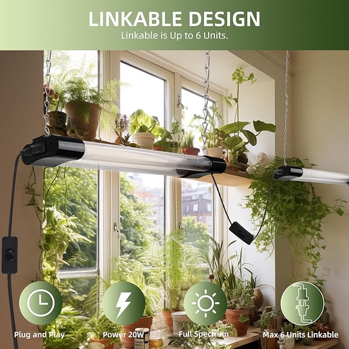 18inch 2 Pack LED Grow Lights - Linkable Grow Lights for Indoor Plants, Full Spectrum Plant Lights Plug and Hanging Design with On/Off Switch Hanging Grow Light from seedling to Flowering, Black
