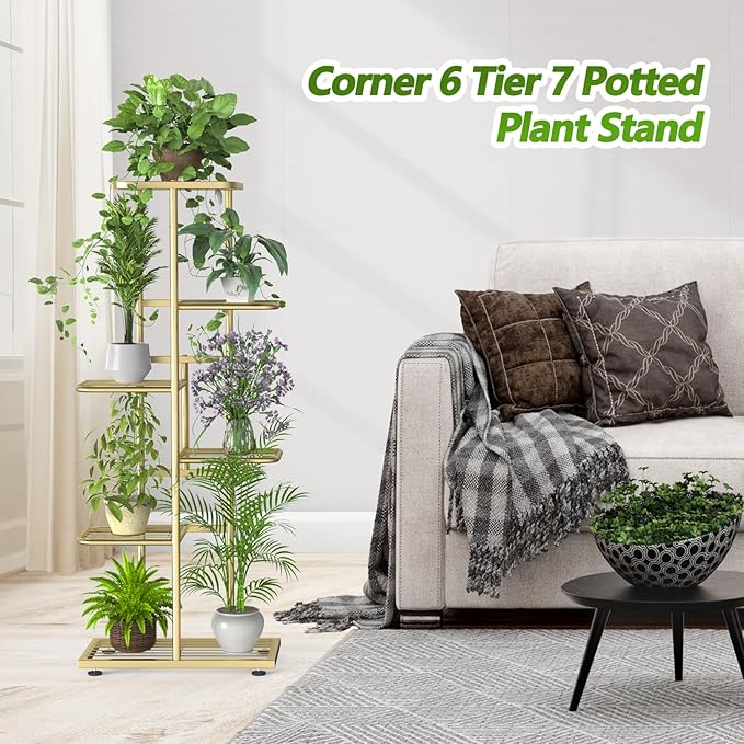 6 Tier 7 Potted Gold Plant Stand Indoor Outdoor with Gardening Tools and Gloves, Upgraded Corner Metal Plant Rack Shelf for Multiple Plants, Tall Flower Pot Holder Display for Patio, Balcony,