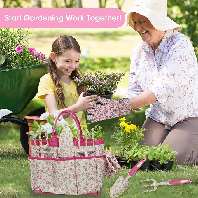 Gardening Tools for Women, 26 Pieces Garden Tools Set, Gardening Gift Set with Storage Bag, Gloves,Gardening Supplies- Butterfly Decors and Colorful Planting Tags Included