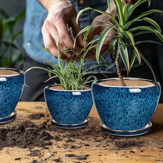 Ceramic Plant Pots Indoor, 10 Inch 8 Inch 6 Inch Round Planters Pots for Indoor Outdoor Plants, Modern Large Flower Pots with Drainage Holes and Saucers, Set of 3, Blue