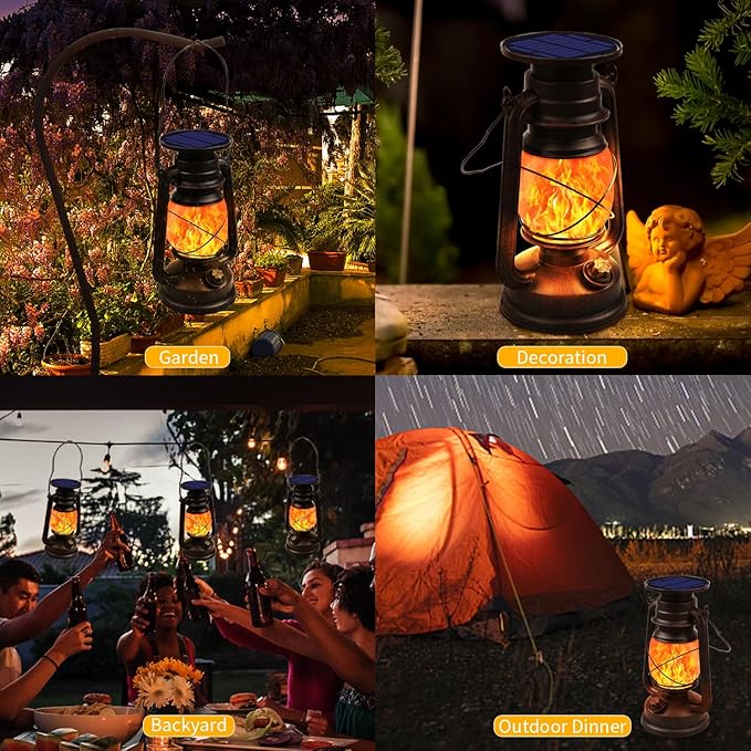 Richday Solar Lantern Outdoor Hanging, LED Vintage Flame Lantern,Solar Lights Dancing Flame,Waterproof Camping Lamps,Outdoor Indoor Decoration for for Table Patio Garden Yard Pathway Porch 2 Pack (2)