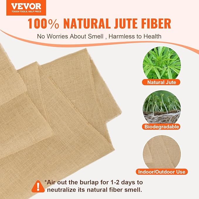 VEVOR Burlap Fabric Roll, 36” x 150 ft High Density Natural Jute Fiber Material for Outdoor Plant Care, Tree Wrap Roll, Decor, DIY Crafts, Wedding, Garden Weed Barrier, Plants & Trees Winter Covering