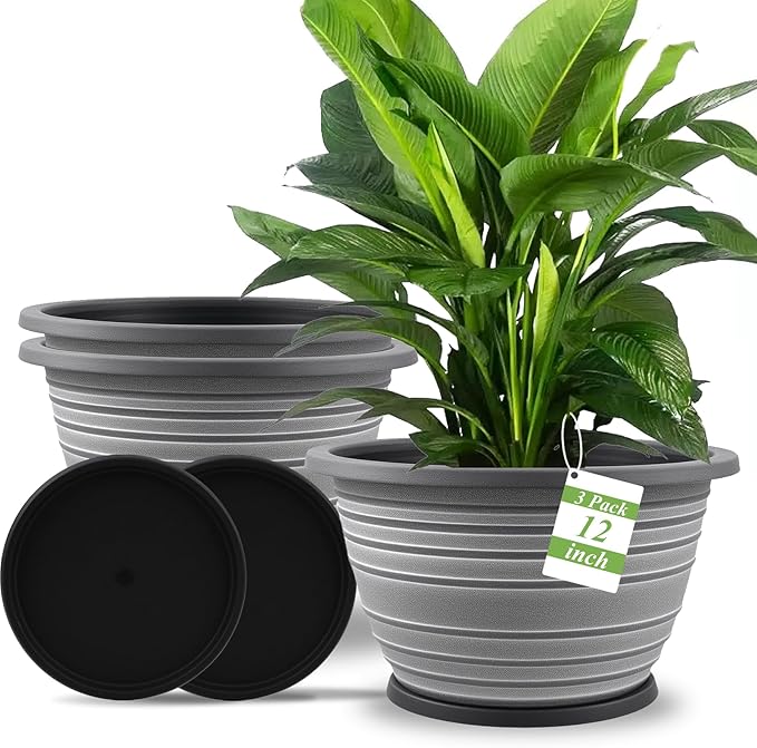 12 inch pots for Plants,Large 3 Pack Outdoor Flower Pots with Saucer and Drainage Holes, Plastic Plant Pots,Retro Antique Imitation Decorative Garden Containers Sets for Houseplant(White)