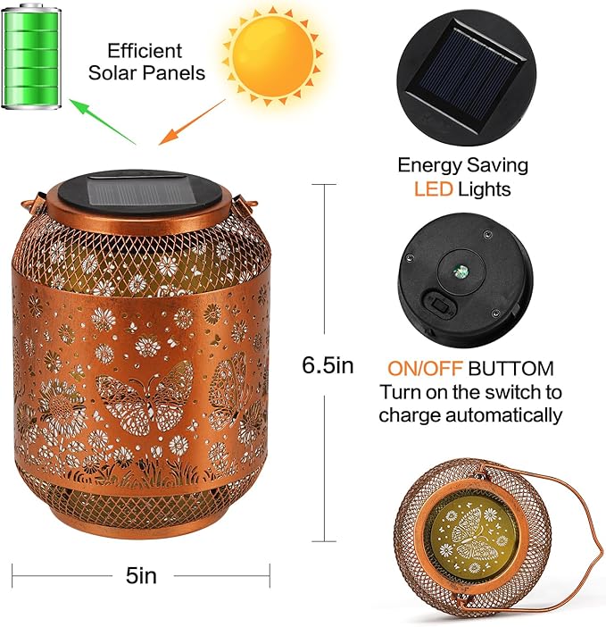 Solar Lanterns Outdoor Waterproof Butterfly Garden Decor Birthday Gifts for Women Mom Grandma Hanging Solar Lights Metal Decoration Outside for Yard, Patio, Backyard, Porch, Pathway