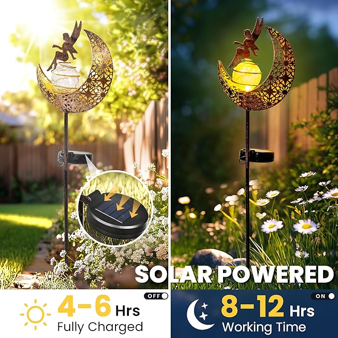 Fairy Moon Solar Lights Outdoor Garden Stakes, Waterproof Metal Decor Gifts for Women Mom, Art Moon Sculpture for Yard, Patio, Garden, Porch, 2 Pack