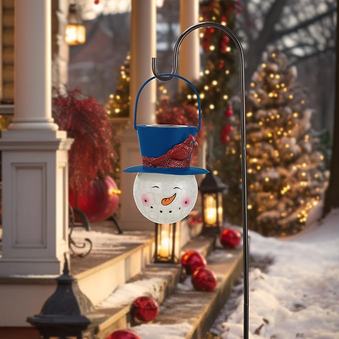 TERESA'S COLLECTIONS Outdoor Christmas Decorations for House, 36'' Snowman Glass Solar Lantern Stake with Blue Cardinal Hat, Xmas Grinch Solar Christmas Lights for Garden Party Decor