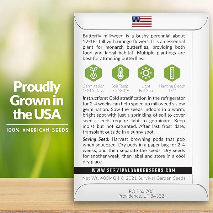 Butterfly Milkweed Seeds for Planting - 3 Packs with Instructions to Grow Asclepias Tuberosa - Attract Butterflies & Help Conservation - Non-GMO Heirloom Open-Pollinated - Survival Garden Seeds