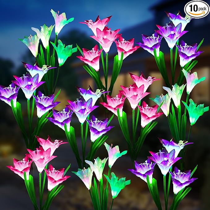 KOOPER Outdoor Solar Lights, 10 Pack Solar Garden Lights with Bigger Lily Flowers, Waterproof 7 Color Changing Solar Lights Outdoor - Bigger Solar Panel for Outdoor Patio Yard Garden Decoration