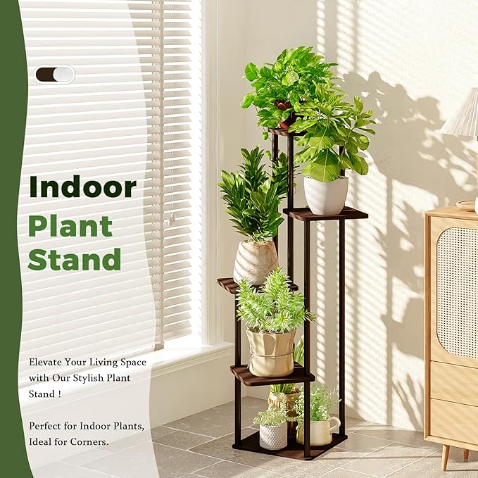 5 Tiered Plant Stand Indoor Corner Plant Shelf for Multiple Plants for Patio Garden Balcony Living Room Bedroom, Tall Metal Flower Pots Stand Relaxing for Women Gift Black Oak