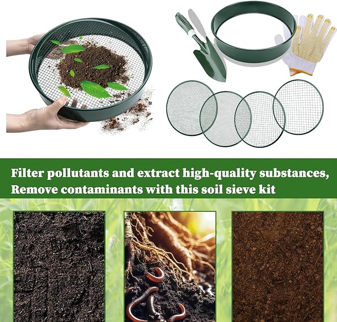 Soil Sieve Sifter Set with Shovel Gloves, Garden Sieve Set with 4 Interchangeable Mesh 3,6,9,12mm, Dirt Sifter for Sand, Rock, Compost, Soil Scoops Garden Tool (Green Sieve Set)