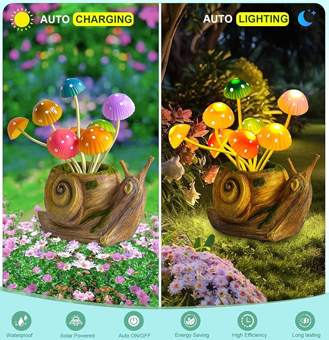 Solar Lights Outdoor Garden Statue,Cute Snails Figurines with Mushroom LED Solar Lights Fairy Garden Accessories,Birthday Gifts for Women Mom Gardening for Patio,Yard Art,Lawn Ornament,Porch,Backyard
