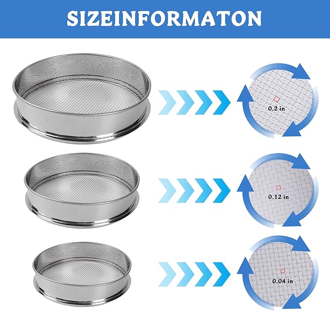 3PCS Soil Sifter Set with 5mm, 3mm, 1mm Mesh - Rock Garden Sieve for Sand, Soil, Compost | Metal Dirt Strainer with Shovel Tools for Gardening, Bonsai, Beach, and Gravel