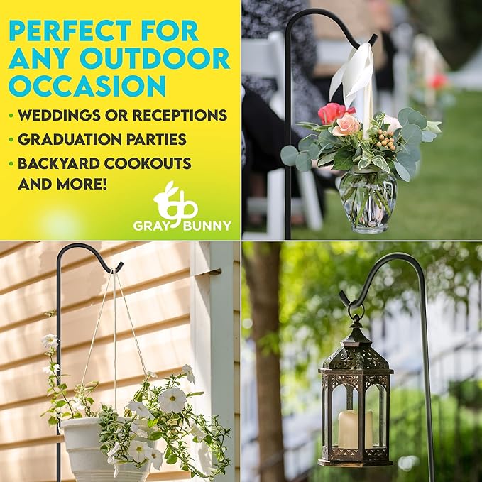 Gray Bunny 65" Shepherds Hooks for Outdoor 2 Pack, Thick Bird Feeder Pole, Hanging Plant Stand, Shepherds Hook for Bird Feeder, Non-Hollow, Non-Adjustable, Extra Long Base Prongs