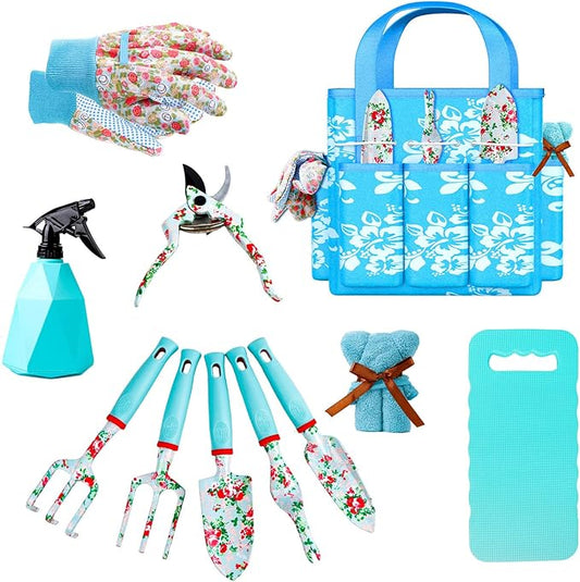 Gardening Tools Set WANCHI 11 Piece Heavy Duty Floral Garden Tool Set Gardening Gifts for Women Men Birthday Rust-Proof Aluminum Gardening Hand Tools Gardening Kit with Storage Tote Bag Organizer.