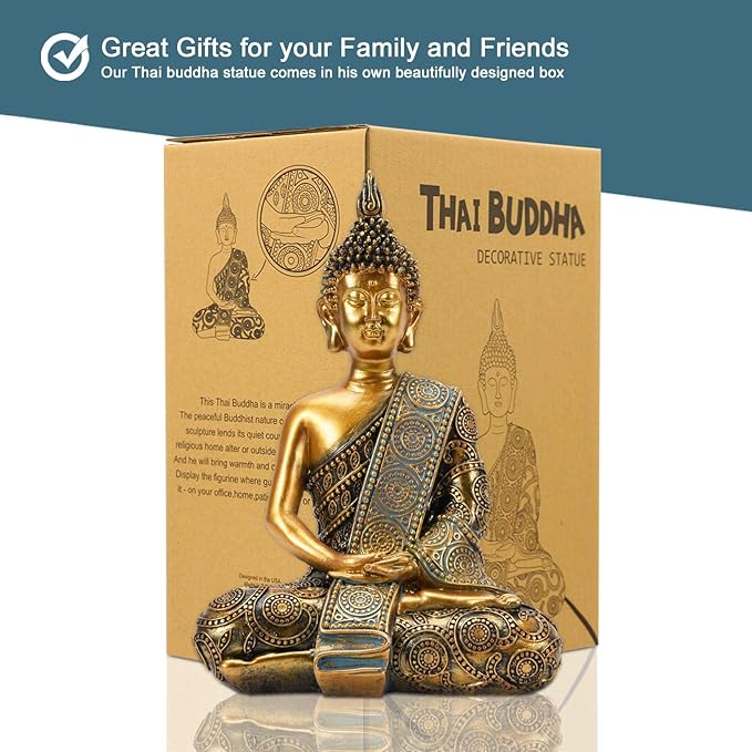 Nacome Meditating Seated Thai Buddha Statue Praying Collectibles Figurines,Zen Garden Buddha Sculpture-Indoor/Outdoor Decor for Home,Porch Yard Art Decoration,polyresin,Gold Buddah,Gift