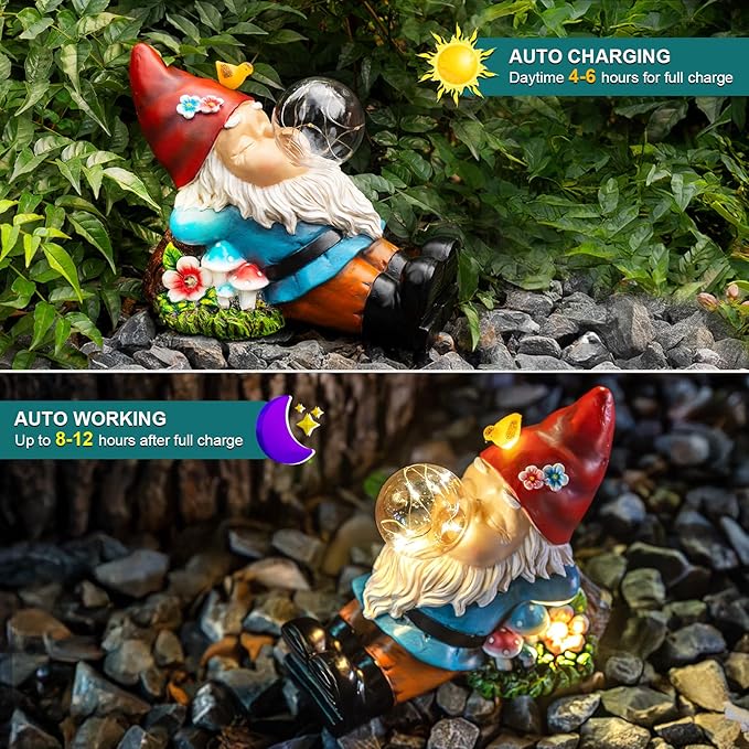 Solar Gnome Blowing Bubble Garden Statue with LED Lights, Outdoor Garden Waterproof Decoration, Courtyard, Lawn, Courtyard Decoration - The Ideal Gift for Women