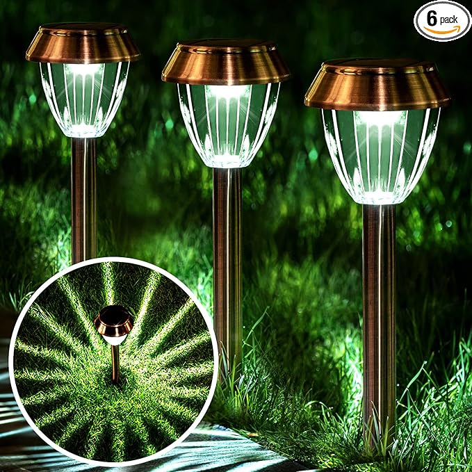 Solar Pathway Lights Outdoor Waterproof, 6 Pack Solar Outdoor Lights Bright Up to 12 Hrs, Garden Light LED Landscape Lighting Copper Stainless Steel Walkway Light, Warm White