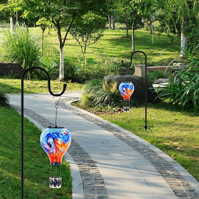 Starsoul Unique Hot Air Balloon Solar Lantern Glass Outdoor Hot Air Balloon Solar Flickering Flame Light Waterproof Hanging Solar Lantern with Big Basket for Garden Yard Patio Decor